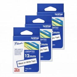3 Pack Brother TZe-231 Black on White Laminated Label Tape - 12mm x 8m
