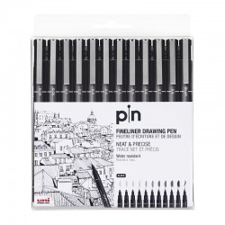 uni Pin Fineliner Pens Assorted Tips - Pack of 12