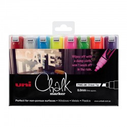 uni Chalk Markers Chisel Tip 8mm - Assorted Colours - Pack of 8