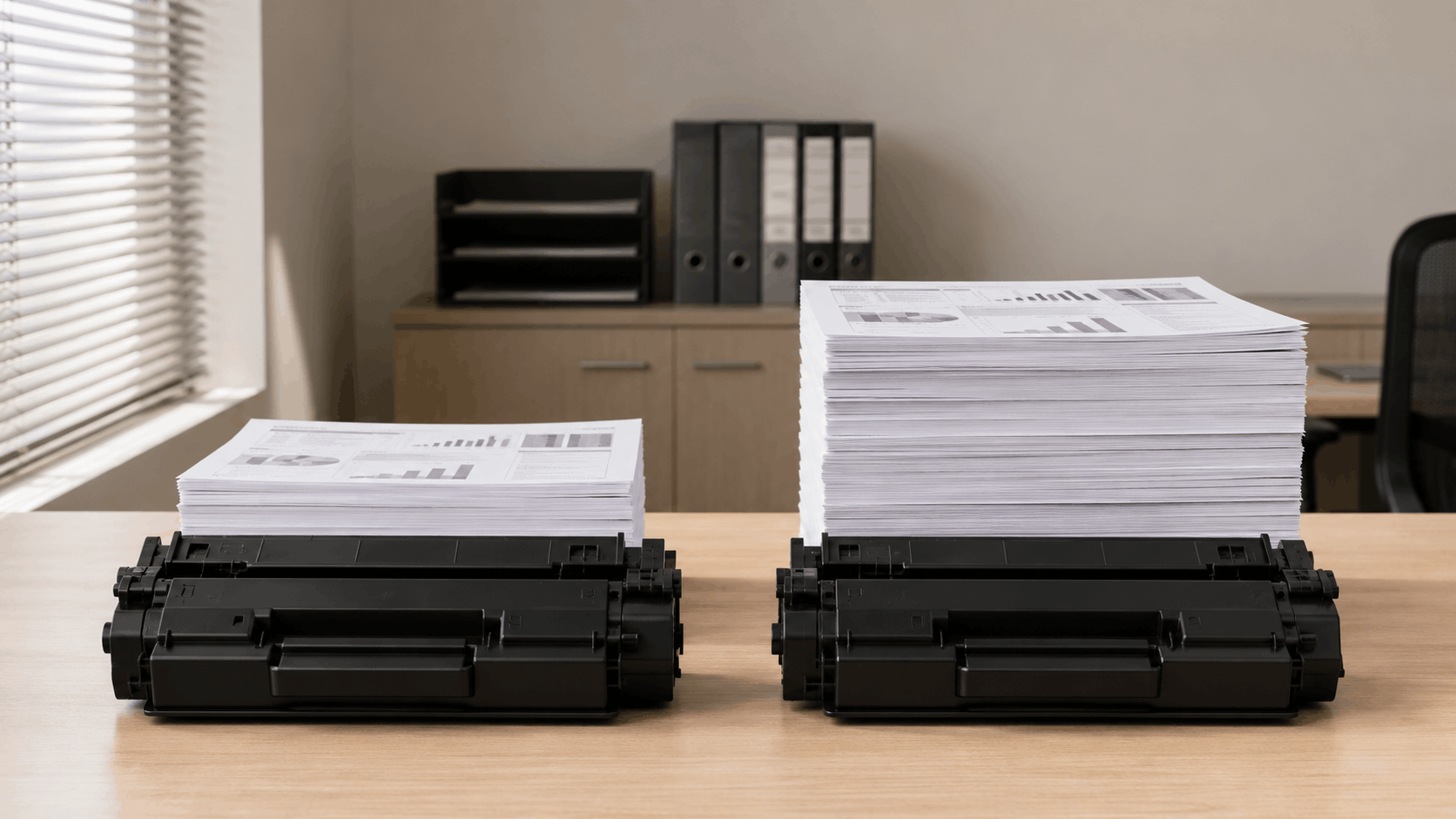 Standard toner cartridge next to a high-yield toner cartridge showing the size and page-yield difference