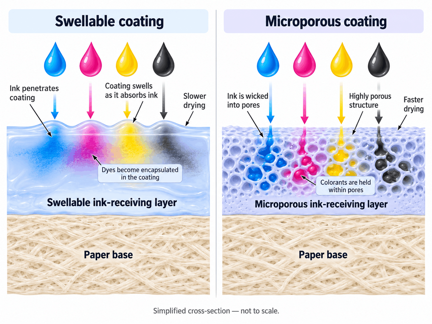 Cross-section diagram comparing a swellable photo paper coating with a microporous coating on a paper base