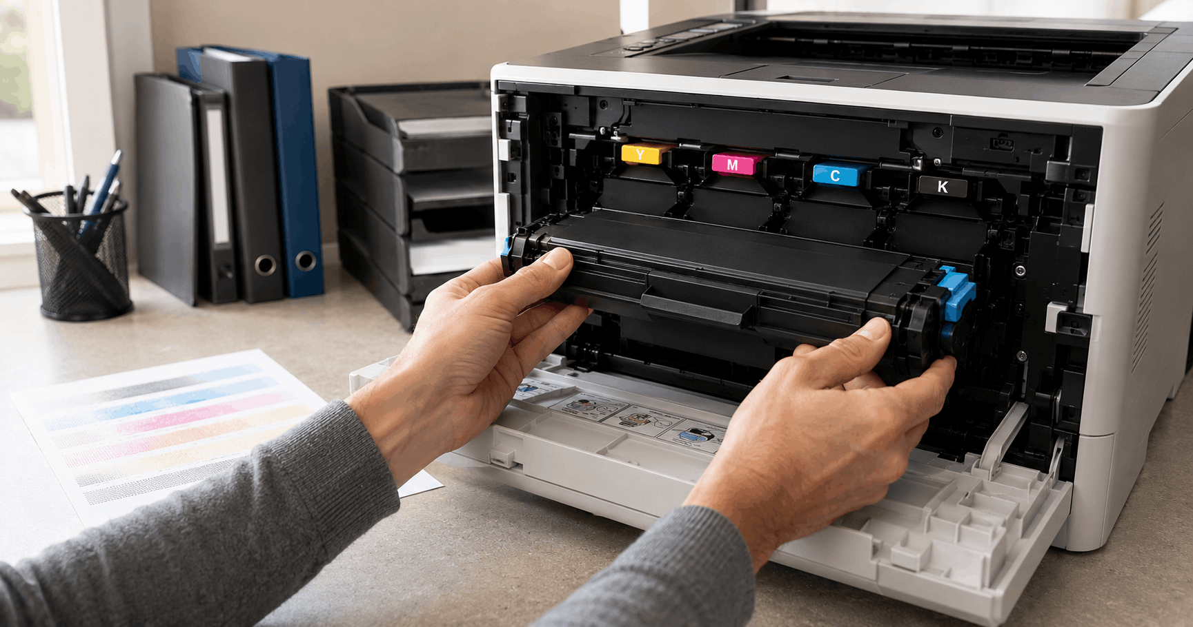 Toner cartridge being removed and reseated in a colour laser printer
