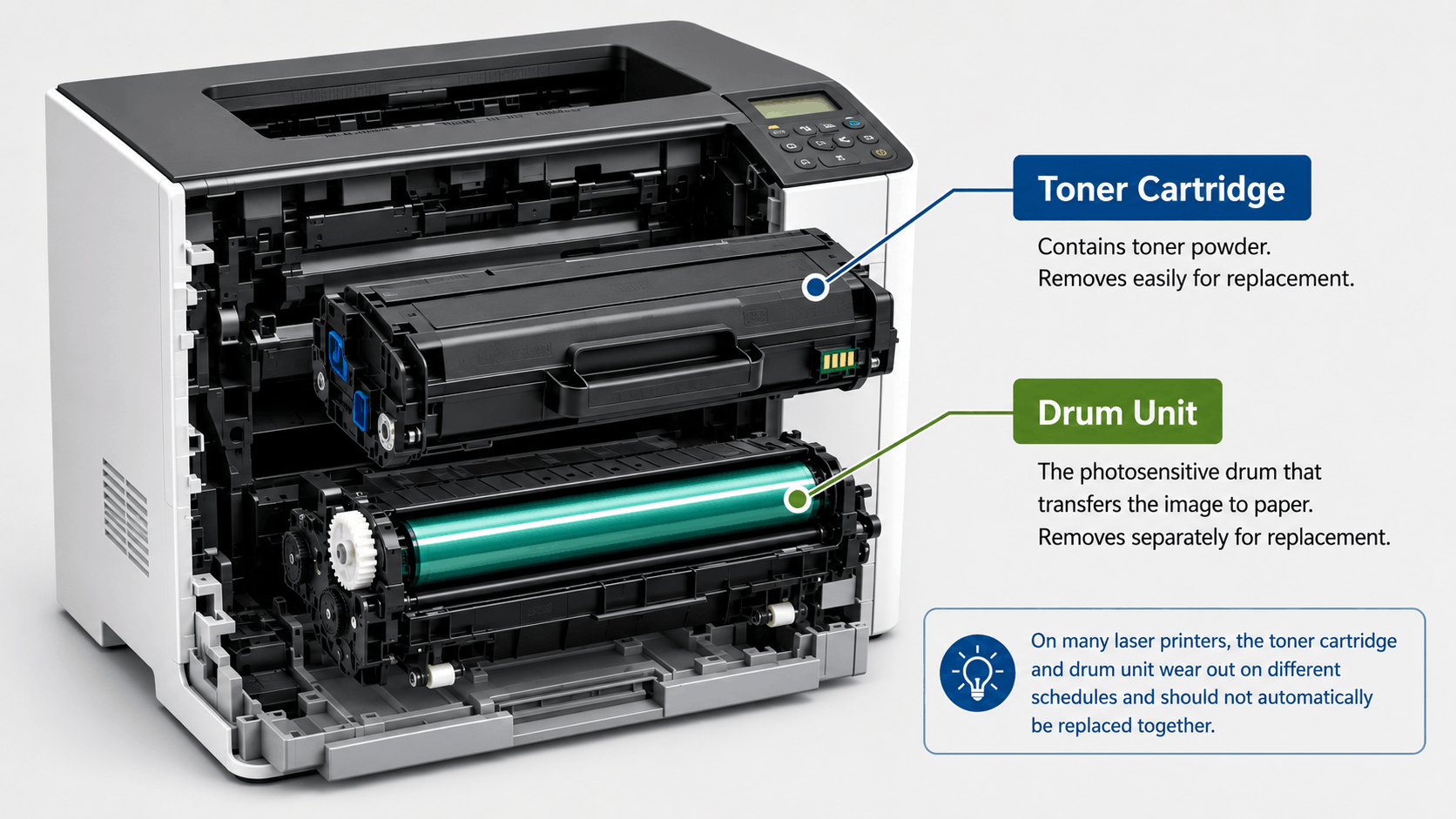 Diagram distinguishing the toner cartridge from the separate drum unit inside a laser printer